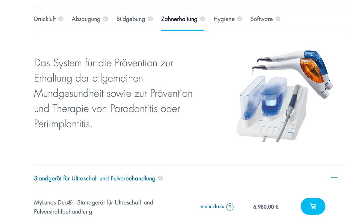 Konfigurator auf der E-Comerce Plattform mit Ultraschall- und Pulverstrahlgerät zur Zahnbehandlung