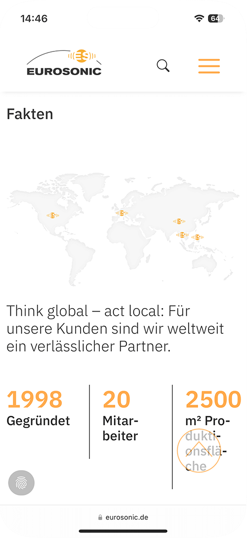 Mobilansicht der Karriereseite von Eurosonic mit Weltkarte, klarer Typografie und kompaktem, responsivem Seitenaufbau.