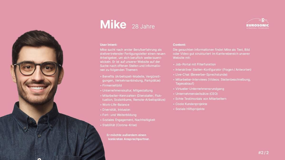 Persona Mike, 28 Jahre: Junger Mann mit Brille und Hemd auf rosa Hintergrund. Rechts steht ein ausführlicher Text zum User Intent und Content-Bedarf auf der Karriereseite eines Unternehmens.