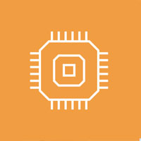 Icon eines Mikrochips in Weiß auf orangefarbenem Hintergrund.