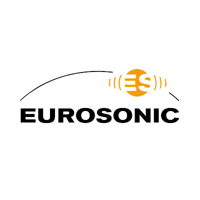 EUROSONIC Logo: Orangefarbenes Wellen-Symbol über schwarzem Schriftzug auf weißem Hintergrund.