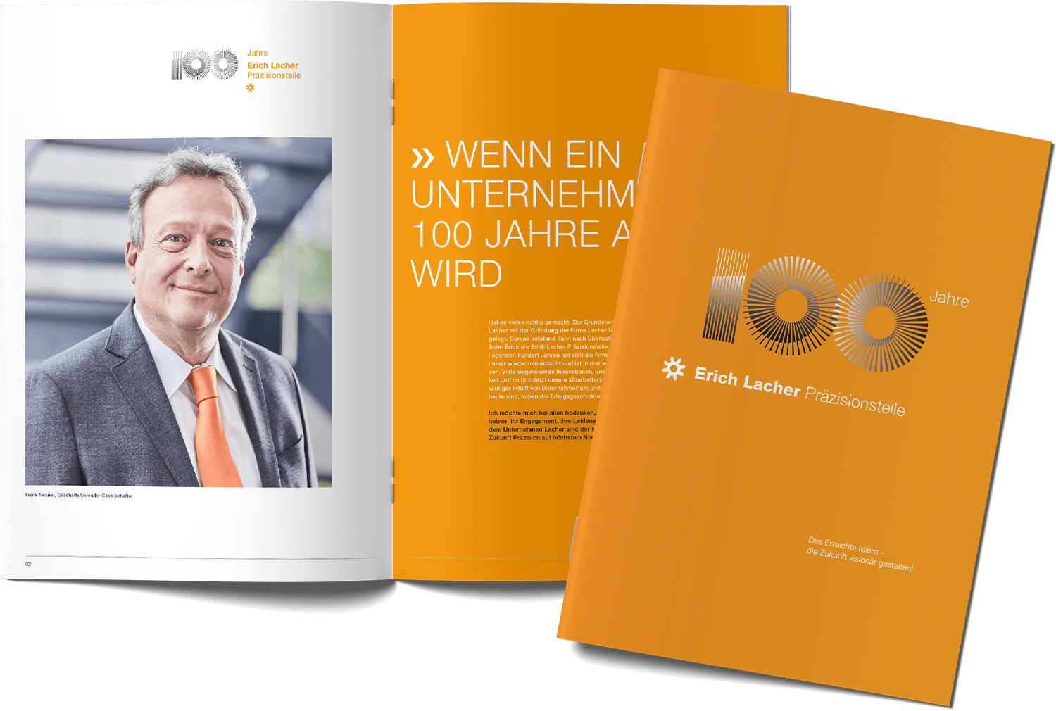 Jubiläumsbroschüre „100 Jahre Erich Lacher Präzisionsteile“ mit Porträt des Geschäftsführers und Jubiläumslogo.