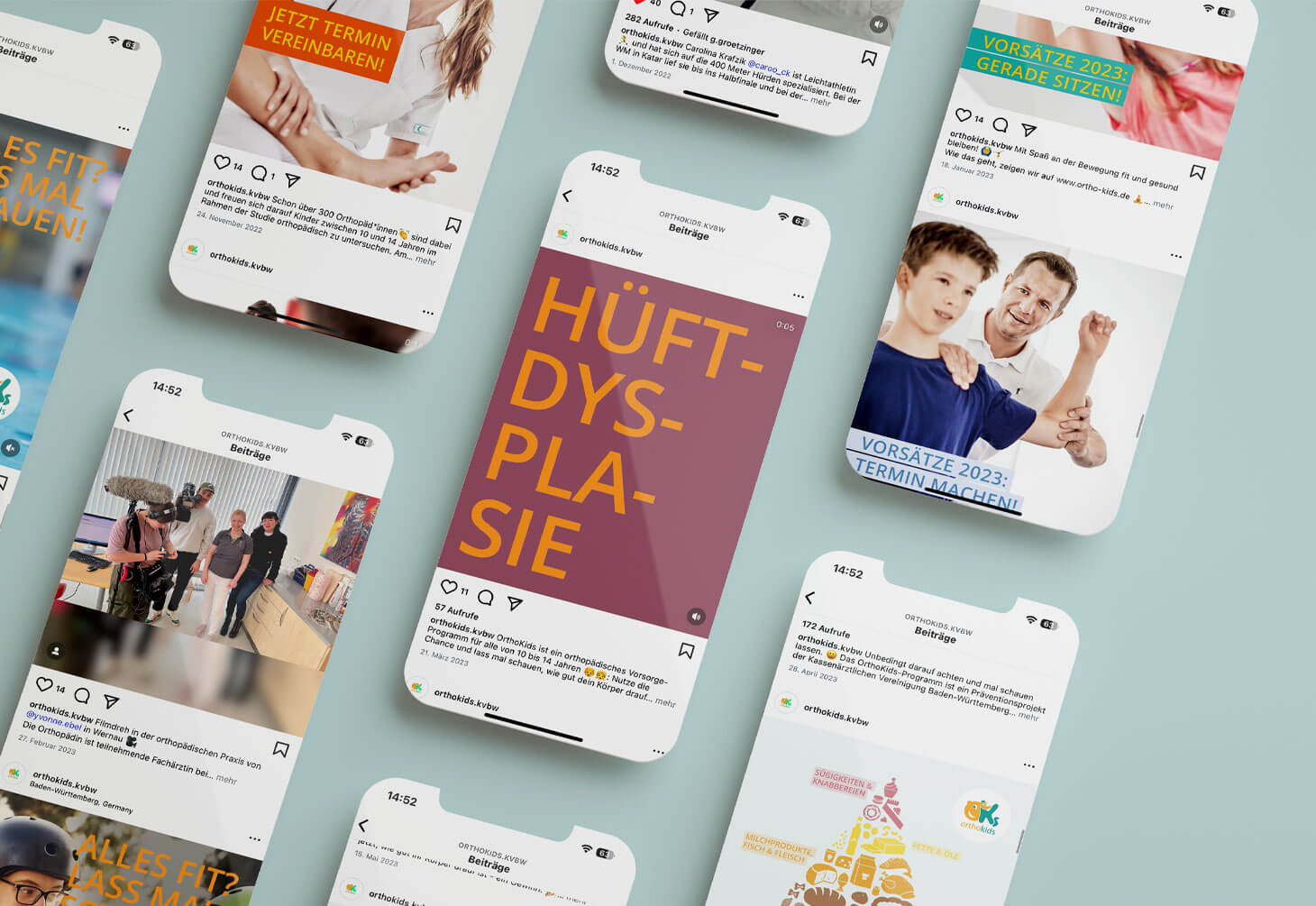 Mehrere Instagram-Posts von Orthokids im Kachel-Layout dargestellt.