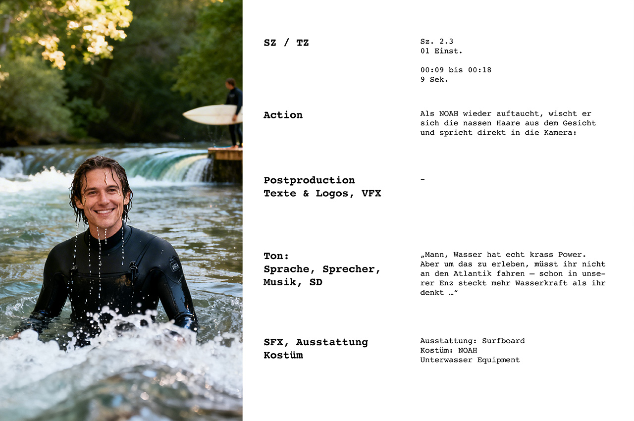 Storyboard-Seite mit KI-Konzeptionsbild eines Surfers im Fluss und Produktionsnotizen.