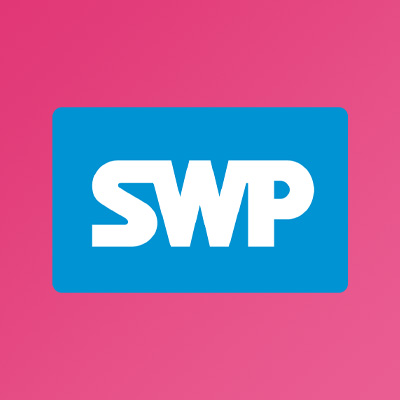 Blaues SWP-Logo auf Hintergrund mit pinkem Farbverlauf.
