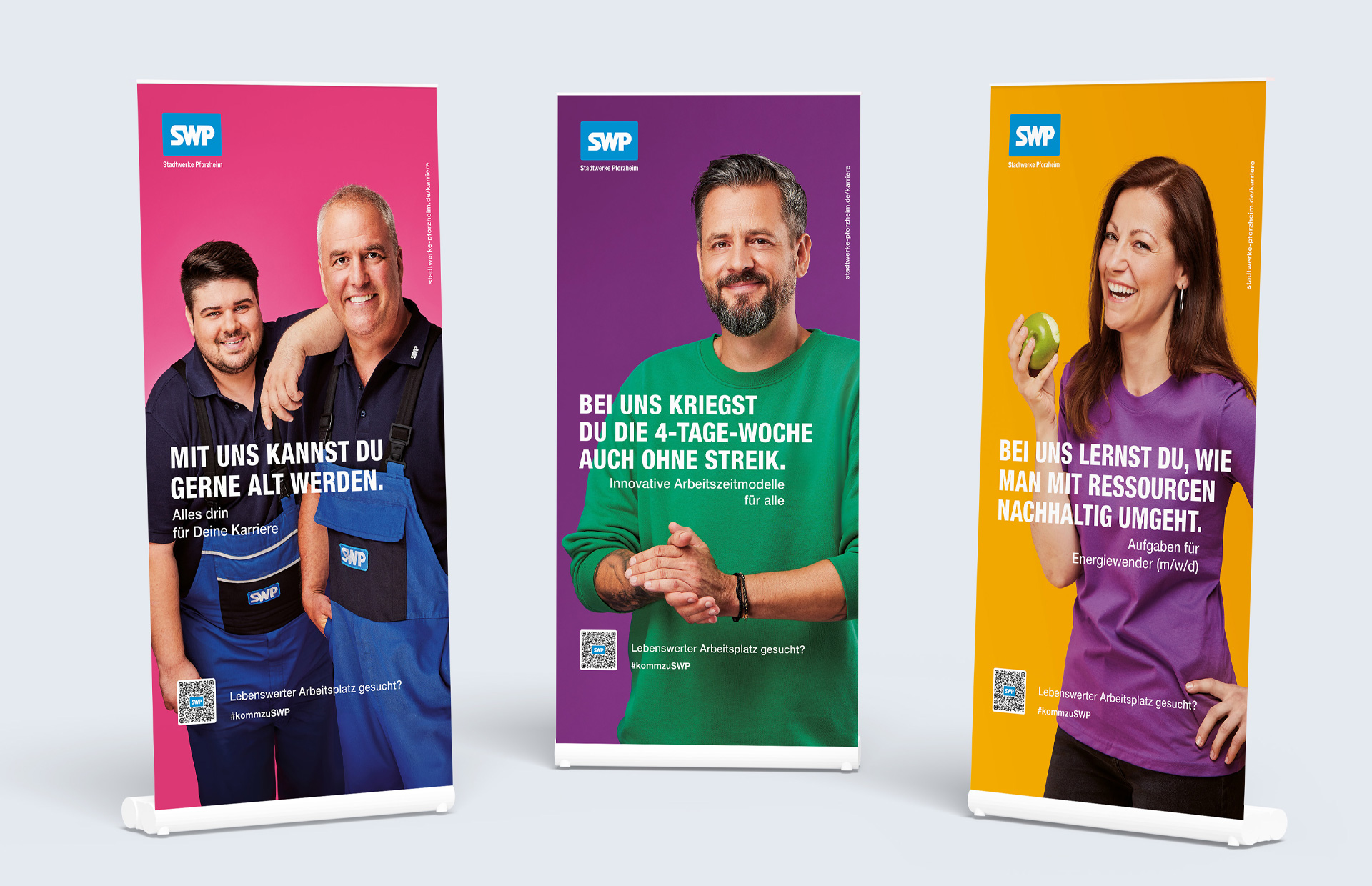 Drei Roll-ups der SWP-Kampagne mit starken Botschaften zu Karriere, Work-Life-Balance und Nachhaltigkeit – modern, selbstbewusst und sympathisch inszeniert.