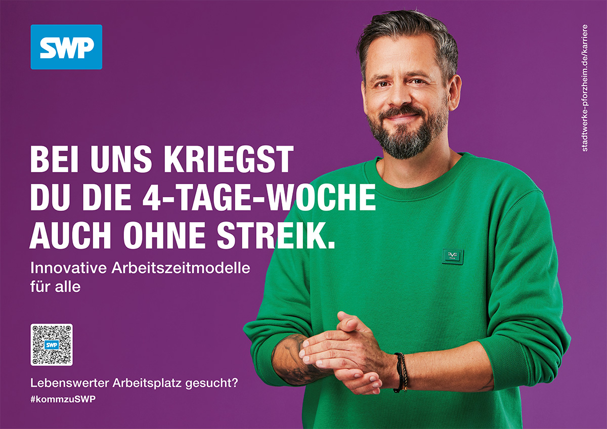 Megalight mit lächelndem Mann und dem Slogan „Bei uns kriegst du die 4-Tage-Woche auch ohne Streik. Innovative Arbeitszeitmodelle für alle.“