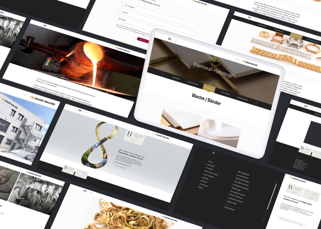 Collage mehrerer Screenshots der Bauer Walser Website mit Produktfoto und Unternehmensdarstellung – modern, sachlich und klar strukturiert.
