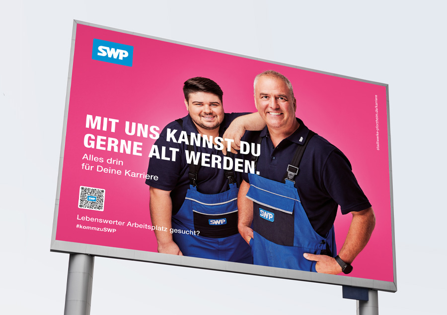 Drei Roll-ups der SWP-Kampagne mit starken Botschaften zu Karriere, Work-Life-Balance und Nachhaltigkeit – modern, selbstbewusst und sympathisch inszeniert.