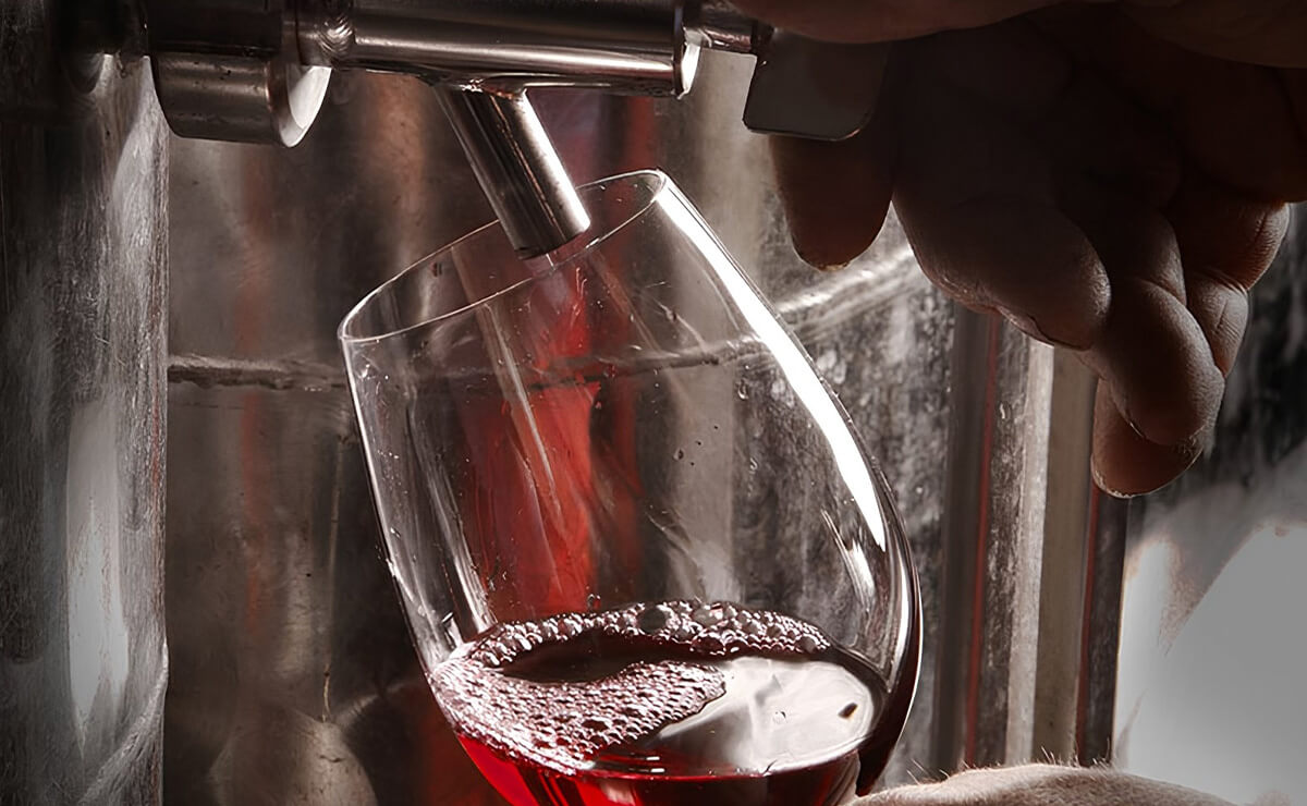 Rotweinmost wird in ein Glas gezapft. Eine Hand hält das Glas unter dem Auslass eines Edelstahltanks.